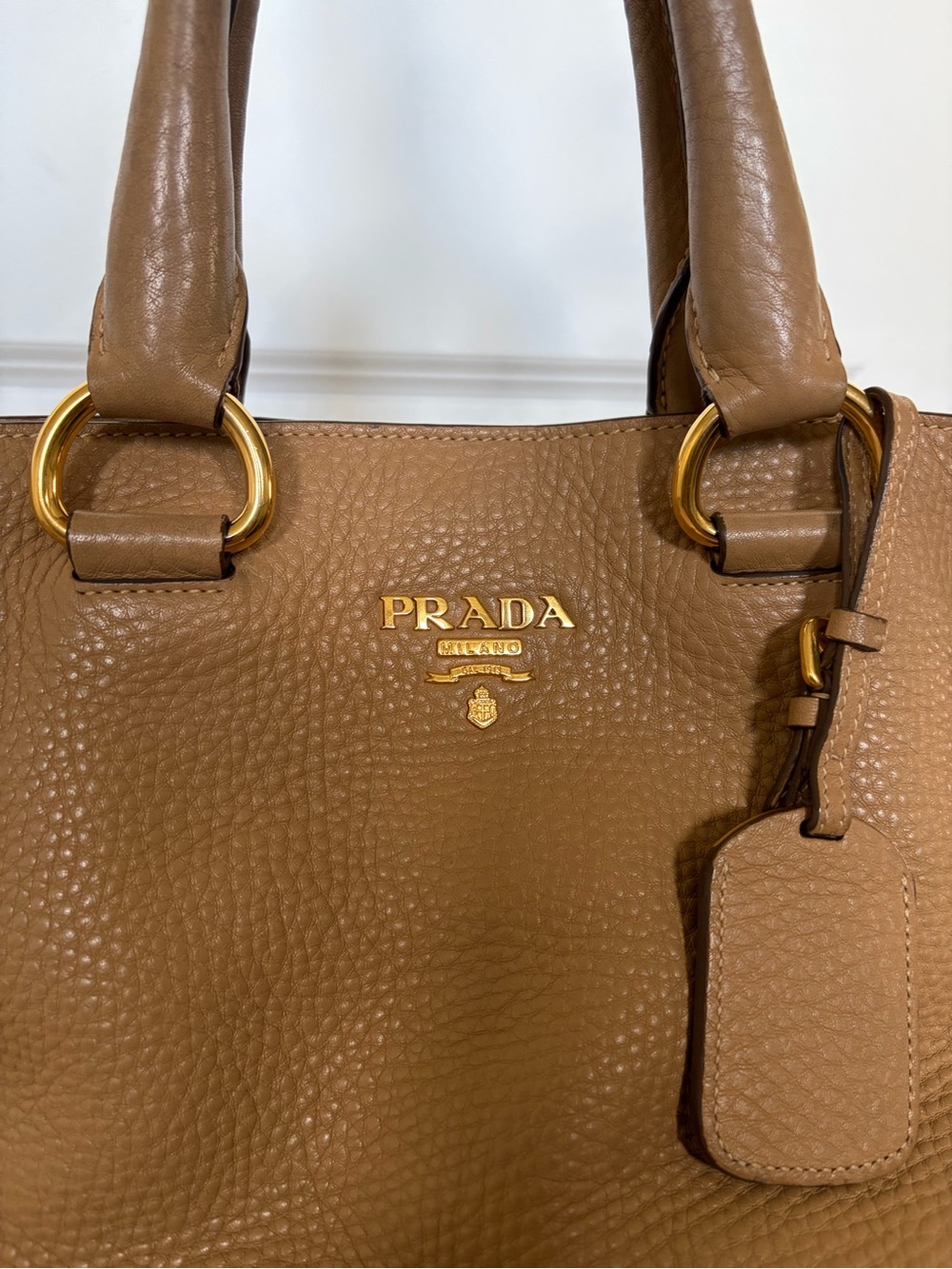 PRADA Women's Pebbled Leather Tote Bag in Camel